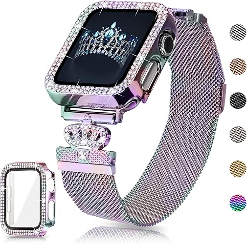 Magnetic Band Compatible with Apple Watch 38mm 40mm 41mm 42mm 44mm 45mm 46mm Stainless Steel Metal Strap with Bling Case and Built-in Screen Protector, Dressy Milanese Loop iWatch Bands for Women
