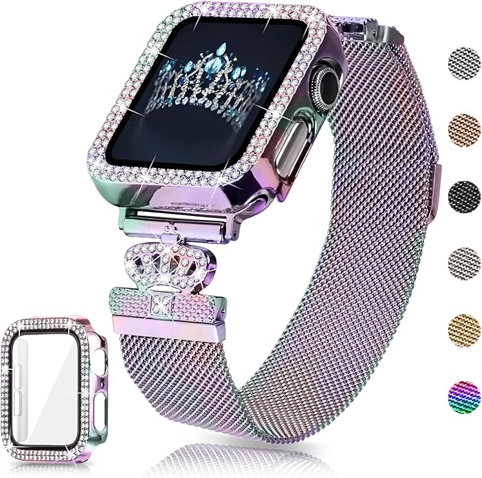 Magnetic Band Compatible with Apple Watch 38mm 40mm 41mm 42mm 44mm 45mm 46mm Stainless Steel Metal Strap with Bling Case and Built-in Screen Protector, Dressy Milanese Loop iWatch Bands for Women