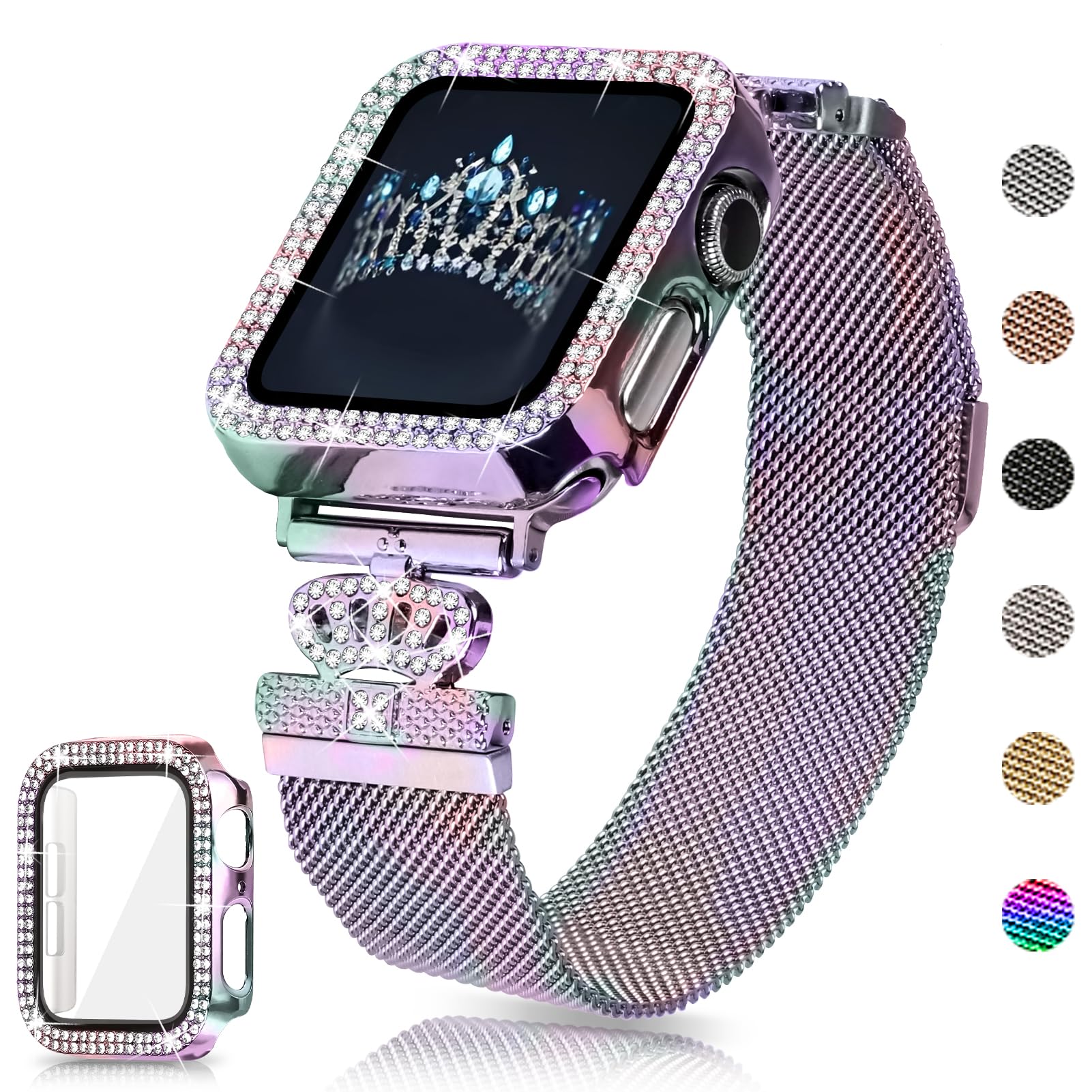 Youthrun Magnetic Band Compatible with Apple Watch 38mm 40mm 41mm 42mm 44mm 45mm 46mm Stainless Steel Metal Strap with Bling Case and Built-in Screen