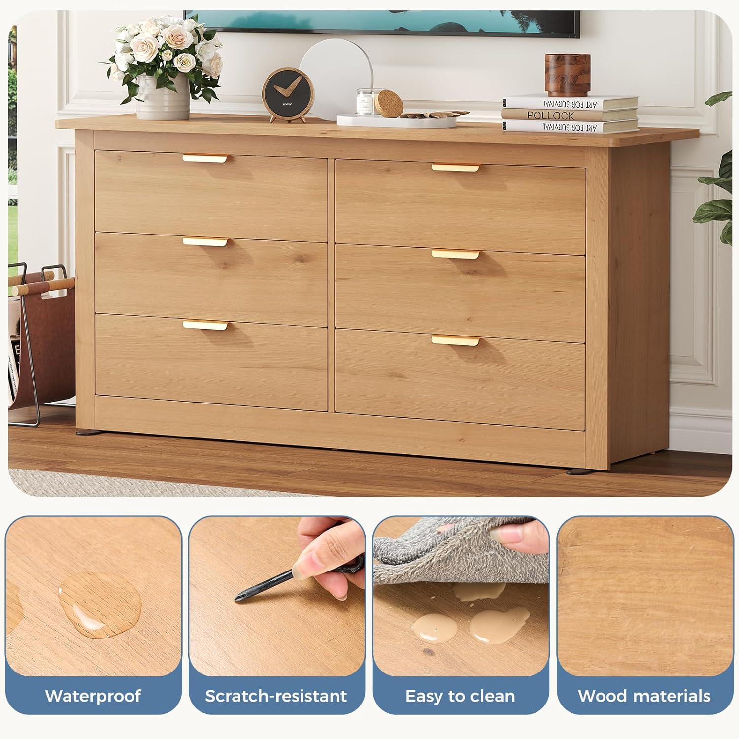 DUMOS TV Stand for Living Room, Wood Cabinet with 6 Drawers, 59" Wide TV Stand with Metal Handles, Storage Organizer for Bedroom, Entryway and Home Office, Wood
