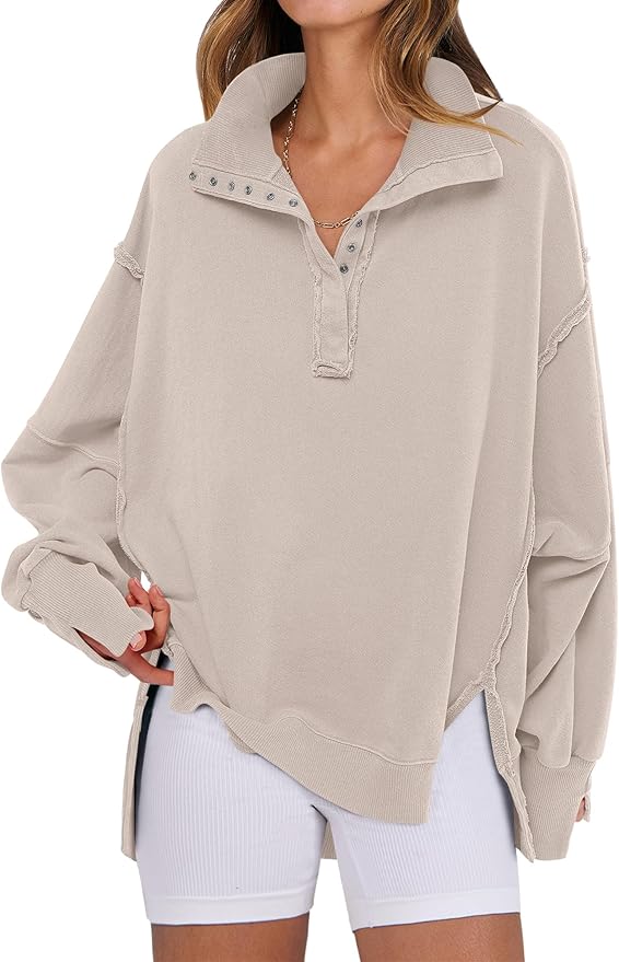 ANRABESS Women&#39;s Sweatshirts Oversized Casual Loose Button Up Henley Pullover Top High Low Split 2025 Fall Fashion Outfits