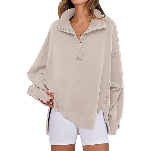 ANRABESS Women's Sweatshirts Oversized Casual Loose Button Up Henley Pullover Top High Low Split 2025 Fall Fashion Outfits