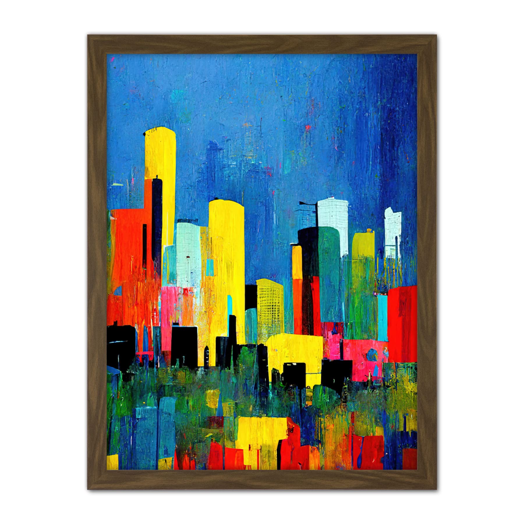 Wee Blue Coo Abstract Bright Midcentury Style Colourful Cityscape Skyline Painting Blue Red Yellow Teal Artwork Framed Wall Art Print 18X24 Inch