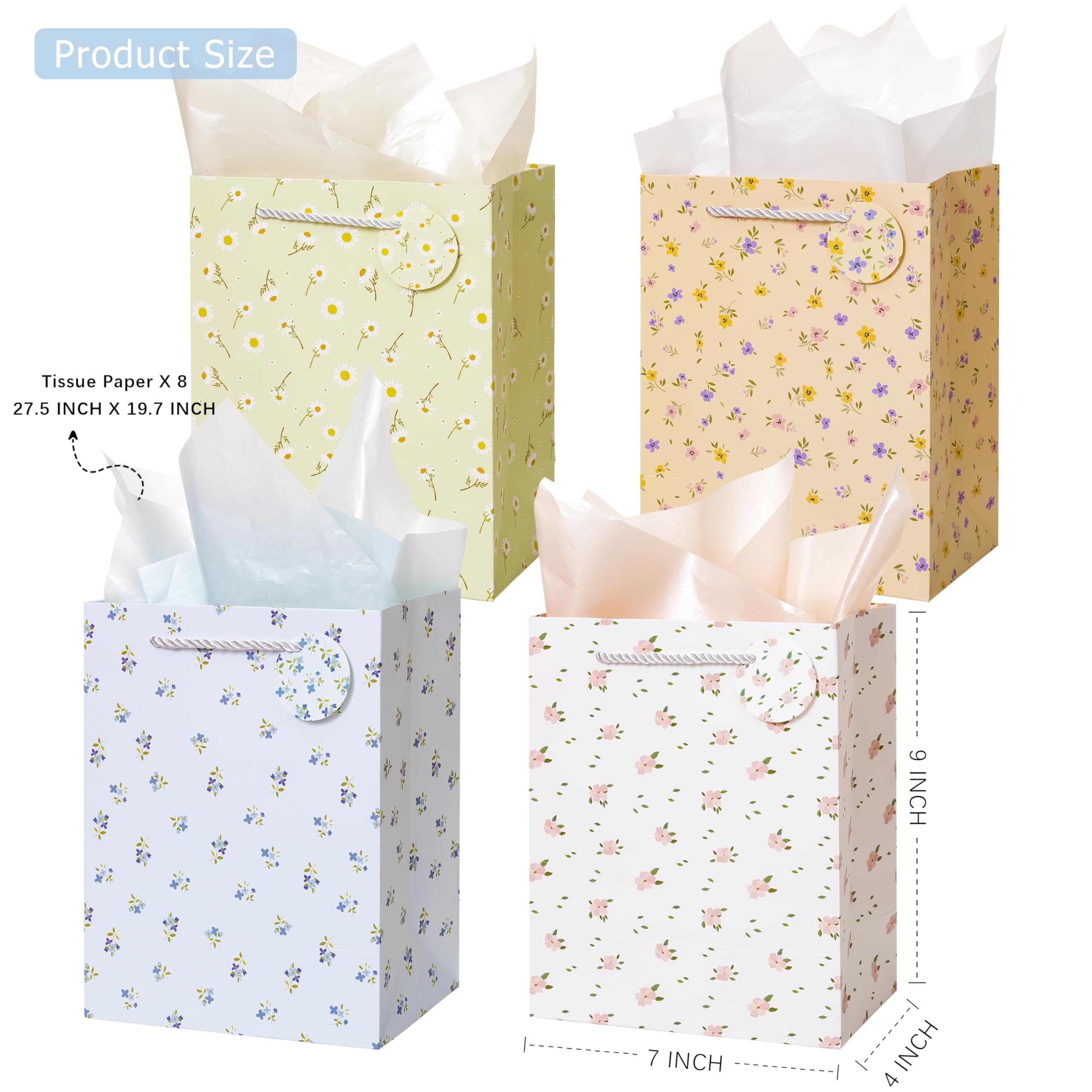 Crisky Bags for Small Business, 4 Pack Medium Gift Bags with Handles, Wildflower Floral Wedding Gift Bag Medium Size Goodie Bags with Tissue Paper for Bridal Shower, Engagement, Birthday, Graduation