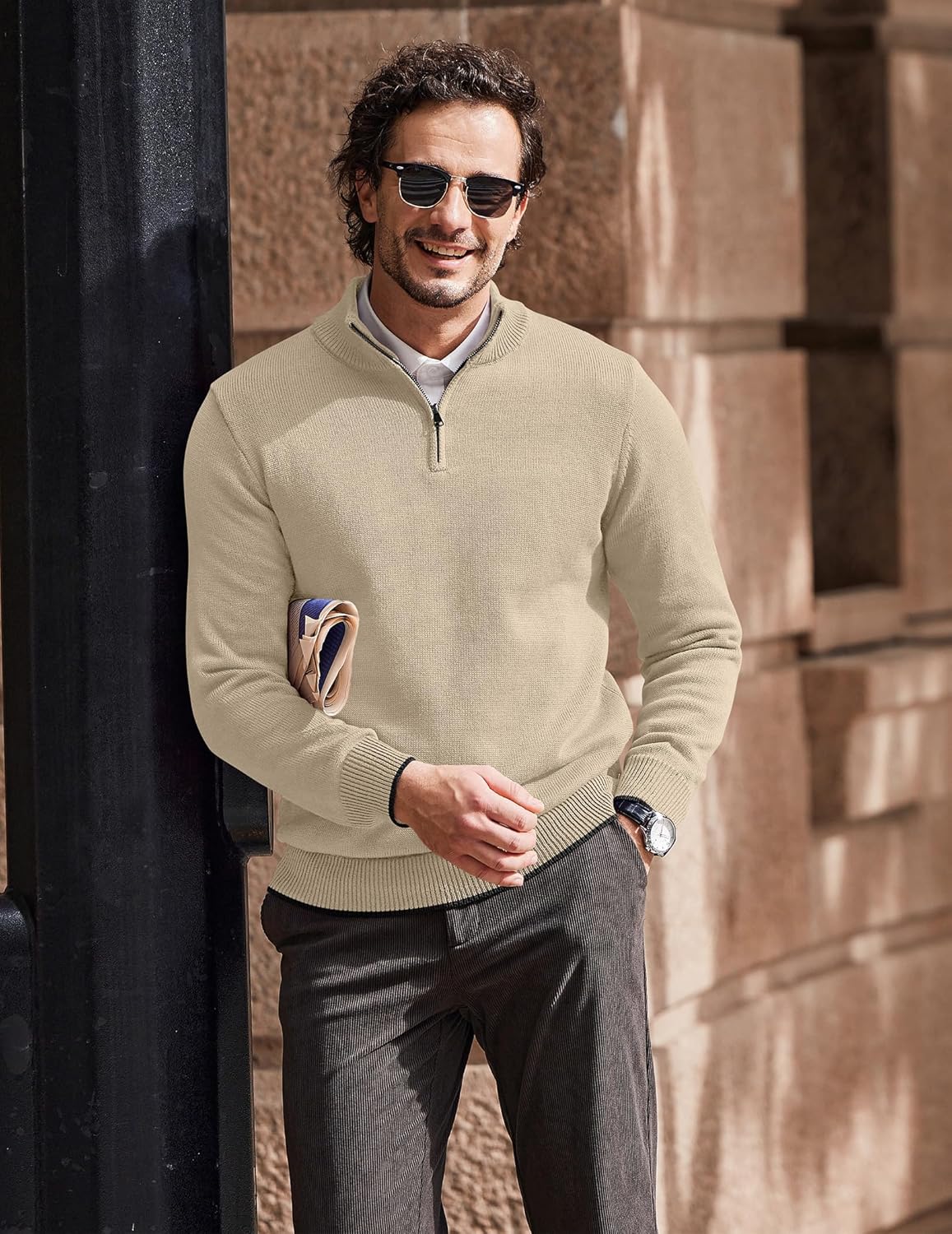 COOFANDY Men's Quarter Zip Up Pullover Slim Fit Lightweight Mock Neck Long Sleeve Sweaters - Image 2