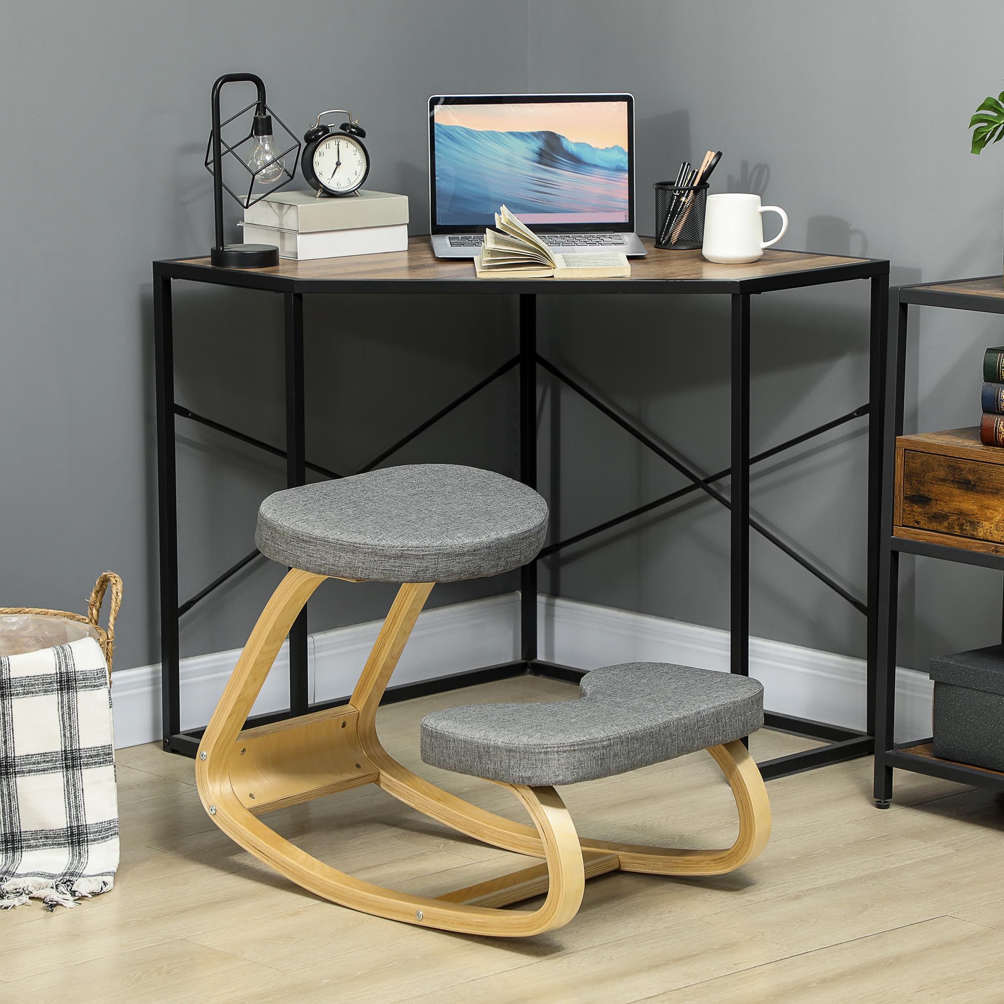 HOMCOM Kniesitz, ergonomischer Schaukelstuhl aus Holz, Kniestuhl für das Heimbüro, Verbesserung der Körperhaltung, Rückenschmerzen, grau