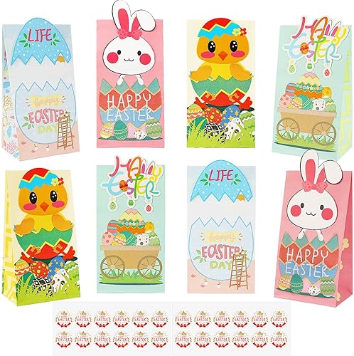 FEBSNOW Bolsas de regalo de Pascua, paquete de 24 bolsas de regalo de Pascua, lindas bolsas de Pascua de conejito para golosinas, bolsas de papel