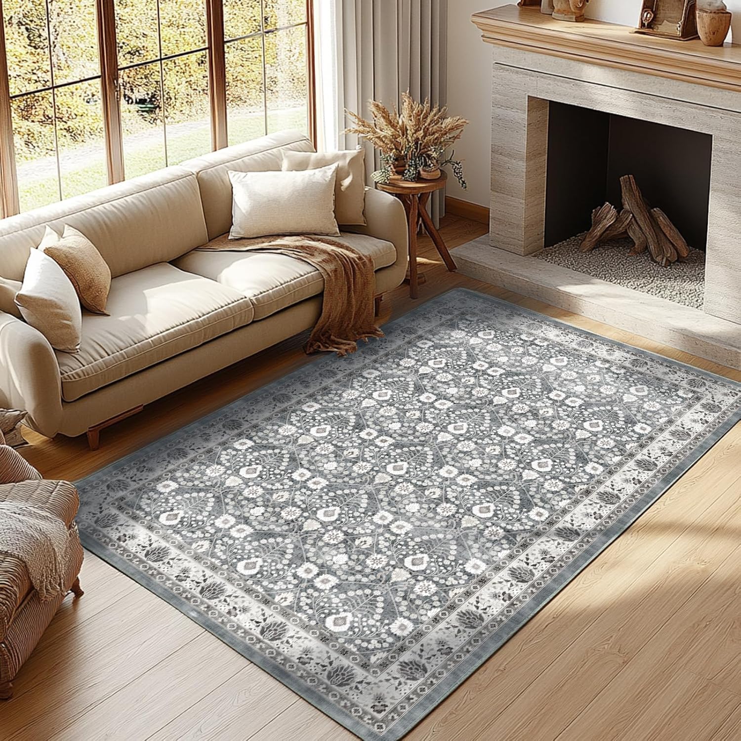 5x7 Rugs for Living Room - Light Blue & Grey Persian Floral Boho Area Rug,Carpet for Bedroom Machine Washable Non-Slip Large Rug,Dining Room Rugs for Under Table