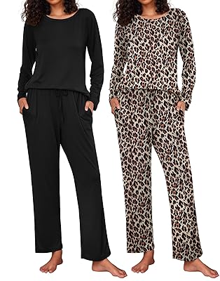 Ekouaer 2 Pack Womens Pajama Sets Long Sleeve Pjs Lounge Set Soft Comfy Sleepwear Winter Loungewear