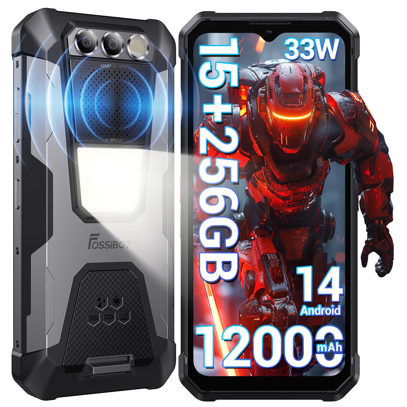 F106 Pro Rugged Smartphone Unlocked, 15+256GB Storage 12000mAh Battery 6.58” FHD+ Screen 48MP+20MP+16MP Camera Android 14 110db Big Speaker 512LM Camp Light IP68/IP69K 4G Dual SIM NFC OTG