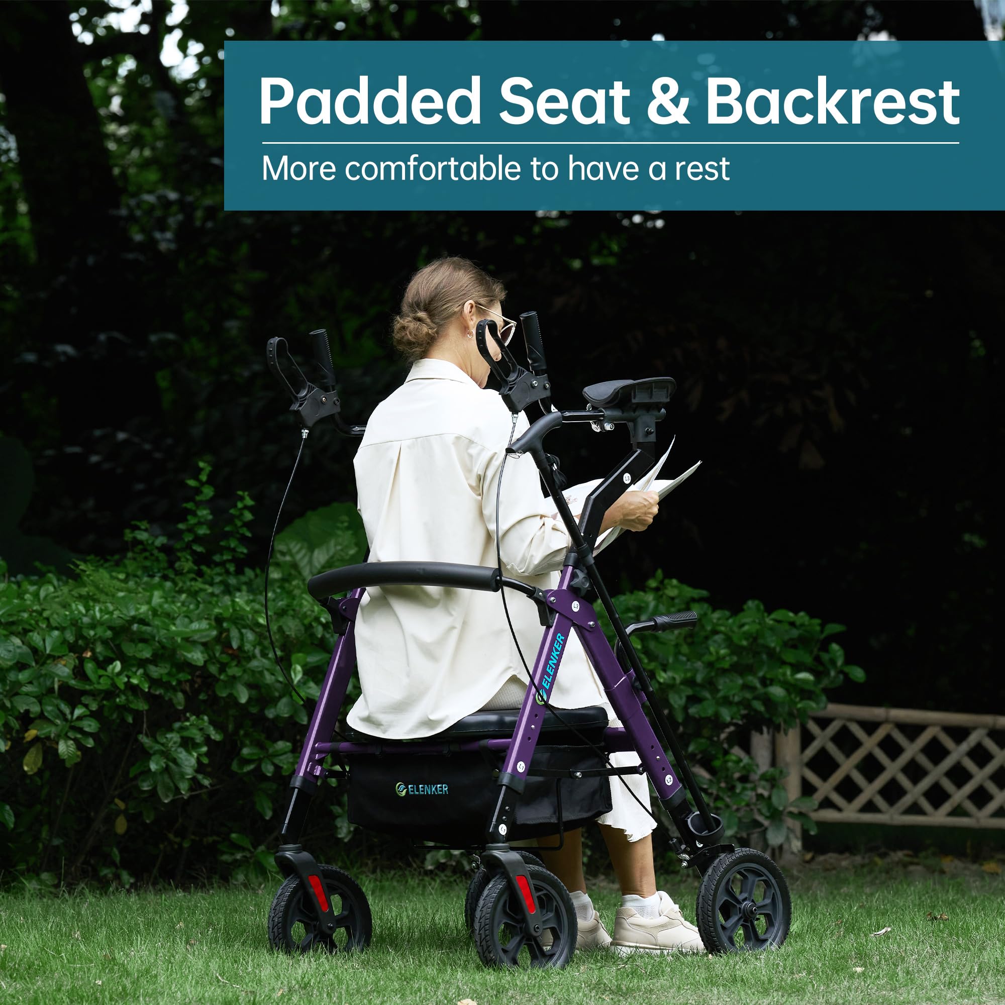 ELENKER All Terrain Heavy Duty Upright Walker with Extra Wide Seat, Foldable Aluminum Bariatric Stand Up Rolling Walker, 10” Wheels, Fully Adjustment Frame, Support up to 500 lbs for Seniors, Purple