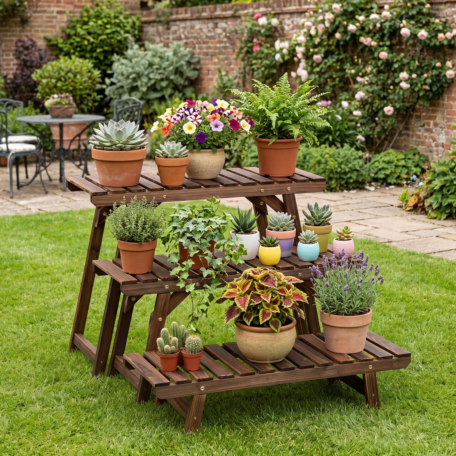 COSTWAY Étagère pour Plantes en Bois 3 Niveaux Indépendant Echelle Escalier Porte-Plante Longueur 70CM Charge 10KG par Niveau pour Jardin Terrasse Balcon