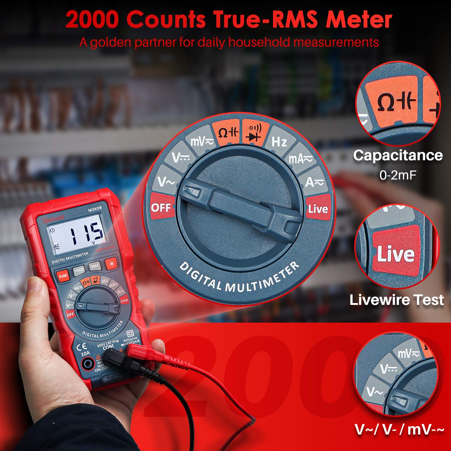 Multimètre Numérique AstroAI TRMS 10000 Points - Auto-Range, Mesure Tension/Courant/Résistance - Avec Sonde