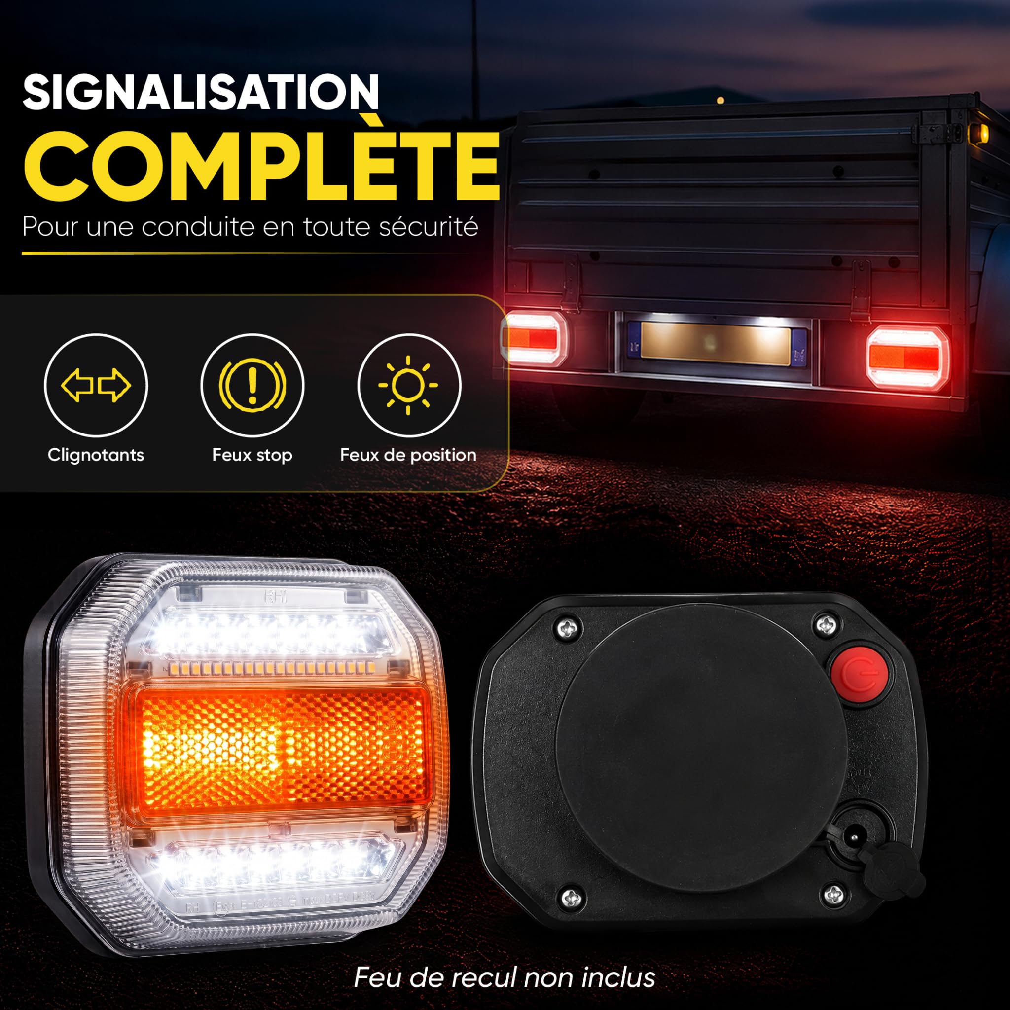 KIODEN Pilotos Traseros Remolque LED Inalámbricos, Fijación Magnética | Kit Luces Homologadas Recargables 10h IP65 12V, Adaptador Enchufe 7 a 13 Pines Incluido, Caravana, Anticaída