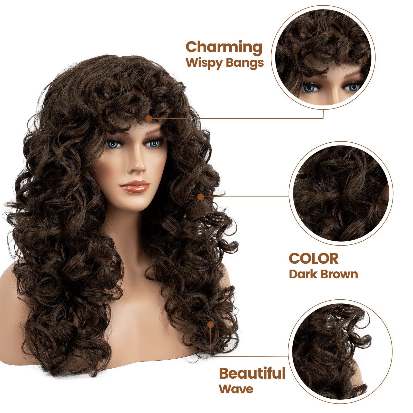 FLUFYMOOZ Curly Wig with Bangs for Black Women 20 Inch Dark Brown Curly Gorgeous Shag Hair Wig - Image 2