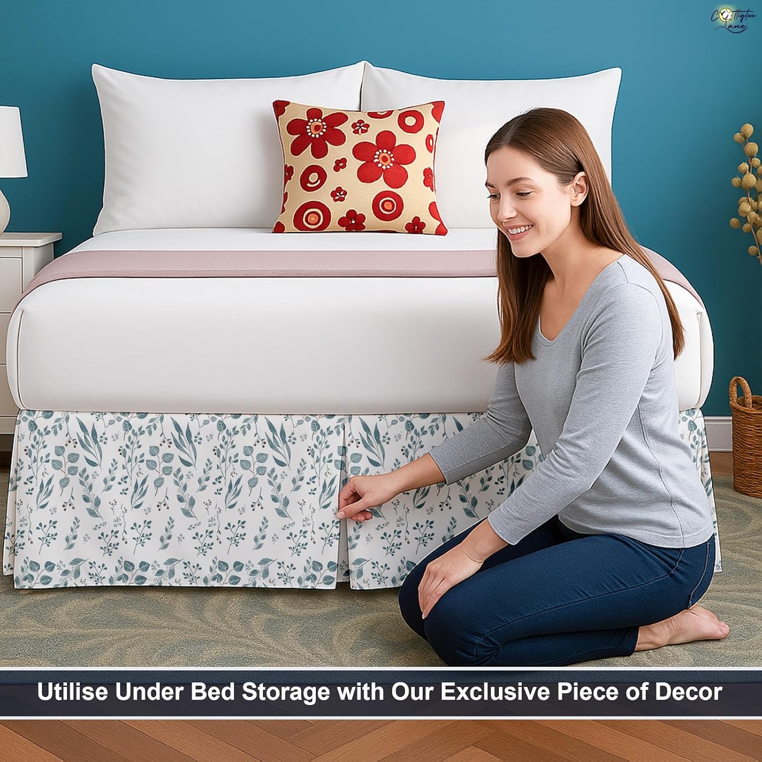 Cottington Lane Luxury Pleated Bed Skirt Queen Size 14 Inch Drop Split Corners, Hotel Luxury 1800 Ultra-Soft Tailored Drop Box Pleated Styling Dust Ruffle, Classic & Clean Look, Tranquil Green Petals