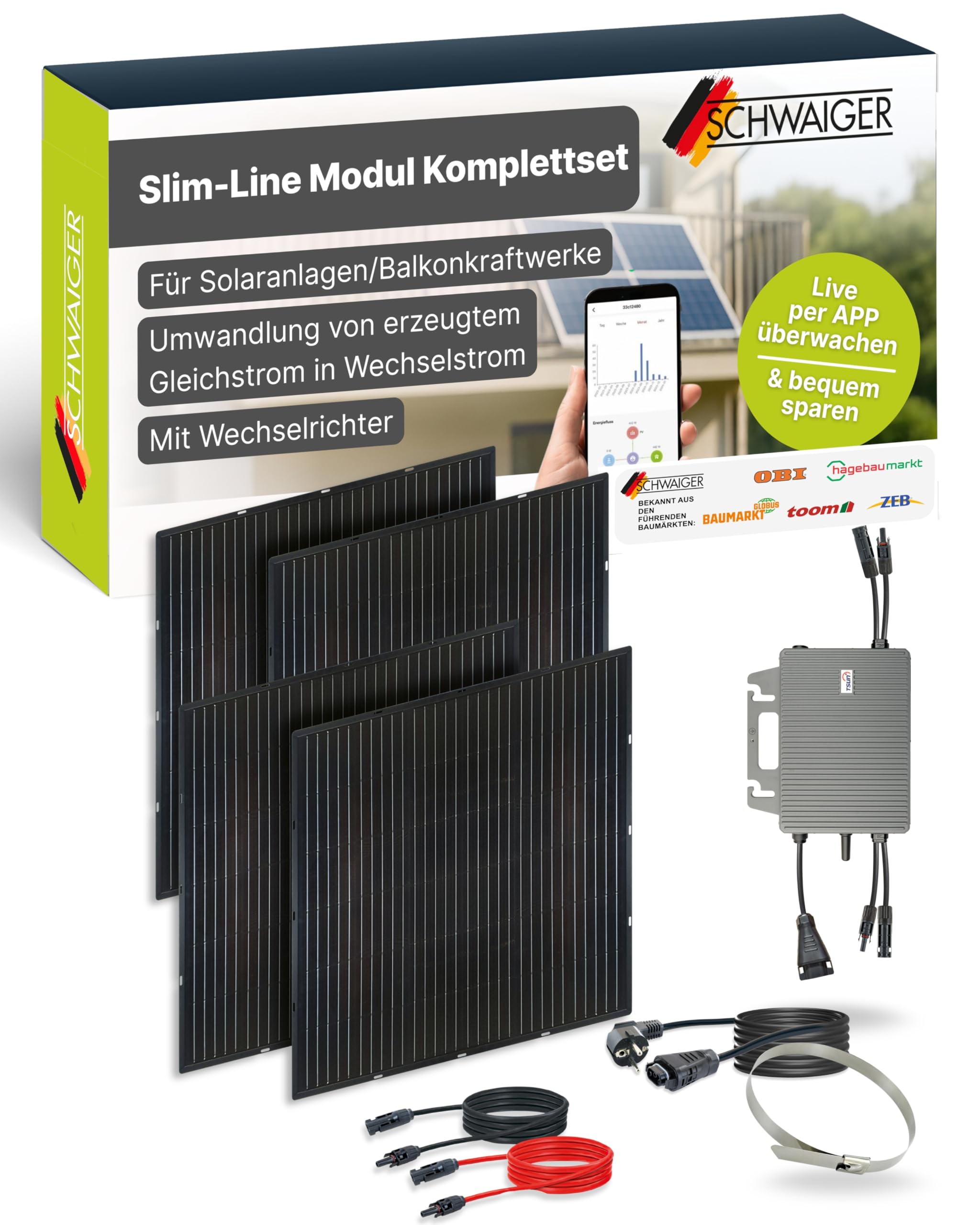 Slim-Line Modul 4er Set mit Wechselrichter Balkonkraftwerk Komplettset PV-Anlage Solaranlage