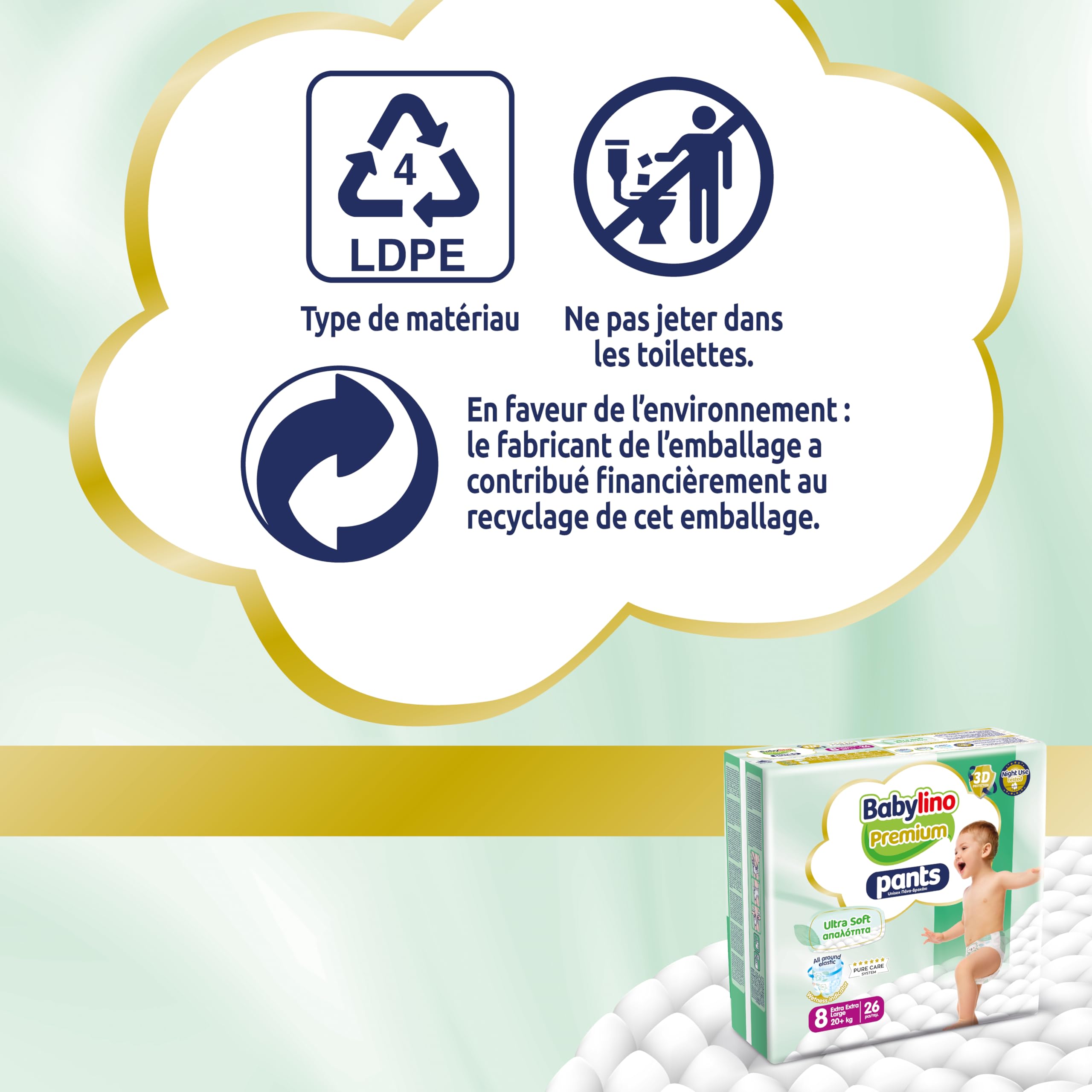 Babylino Premium Pants, Couches culotte Taille 8 avec filtre ULTRA SOFT, XXL (20+kg), 26 unités