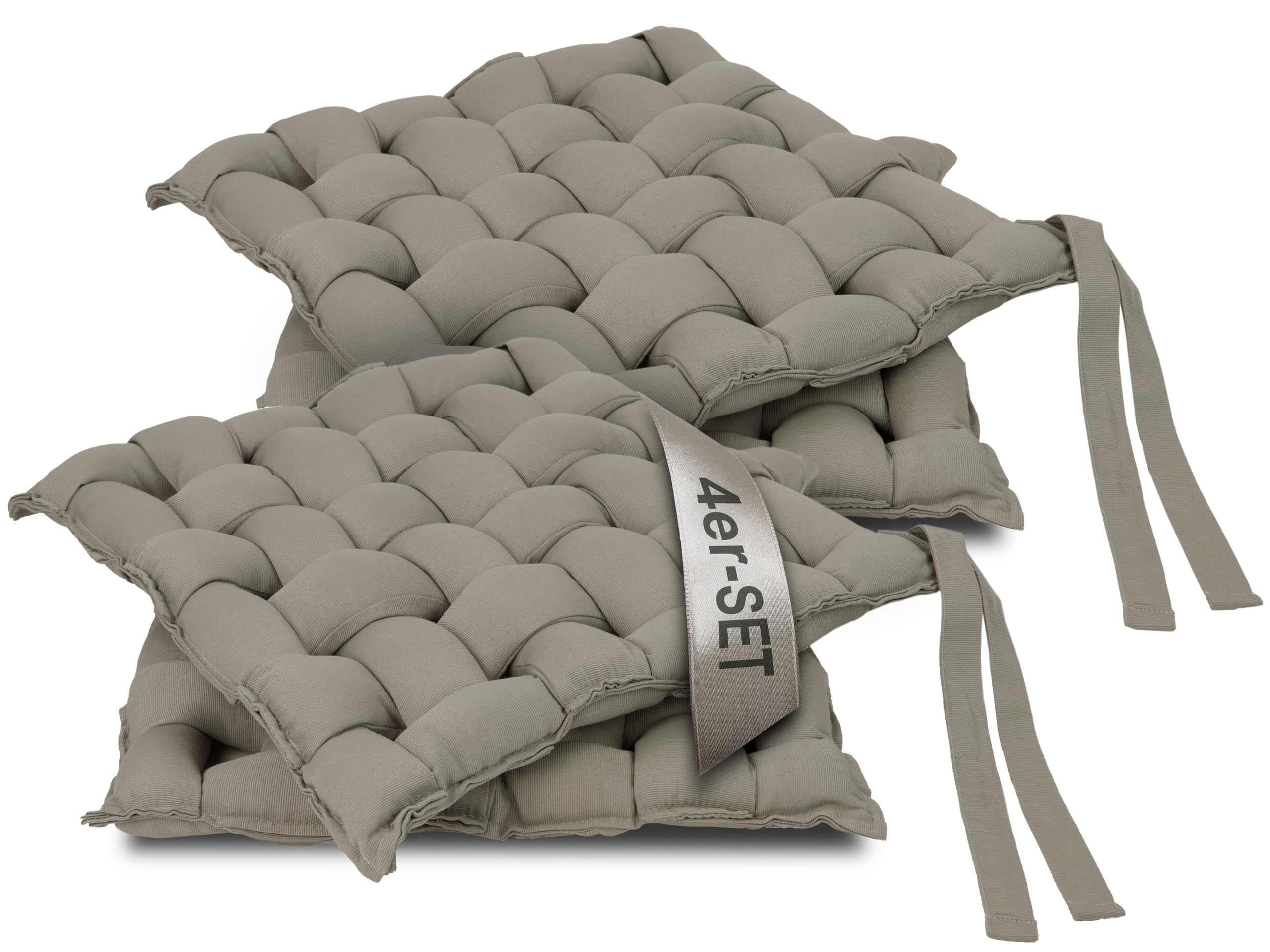 ZOLLNER 4er Set Sitzkissen in 40x40cm - gemütliche Stuhlkissen mit Bindebänder - waschbar bis 30°C - in grau - Oeko Tex® Zertifiziert