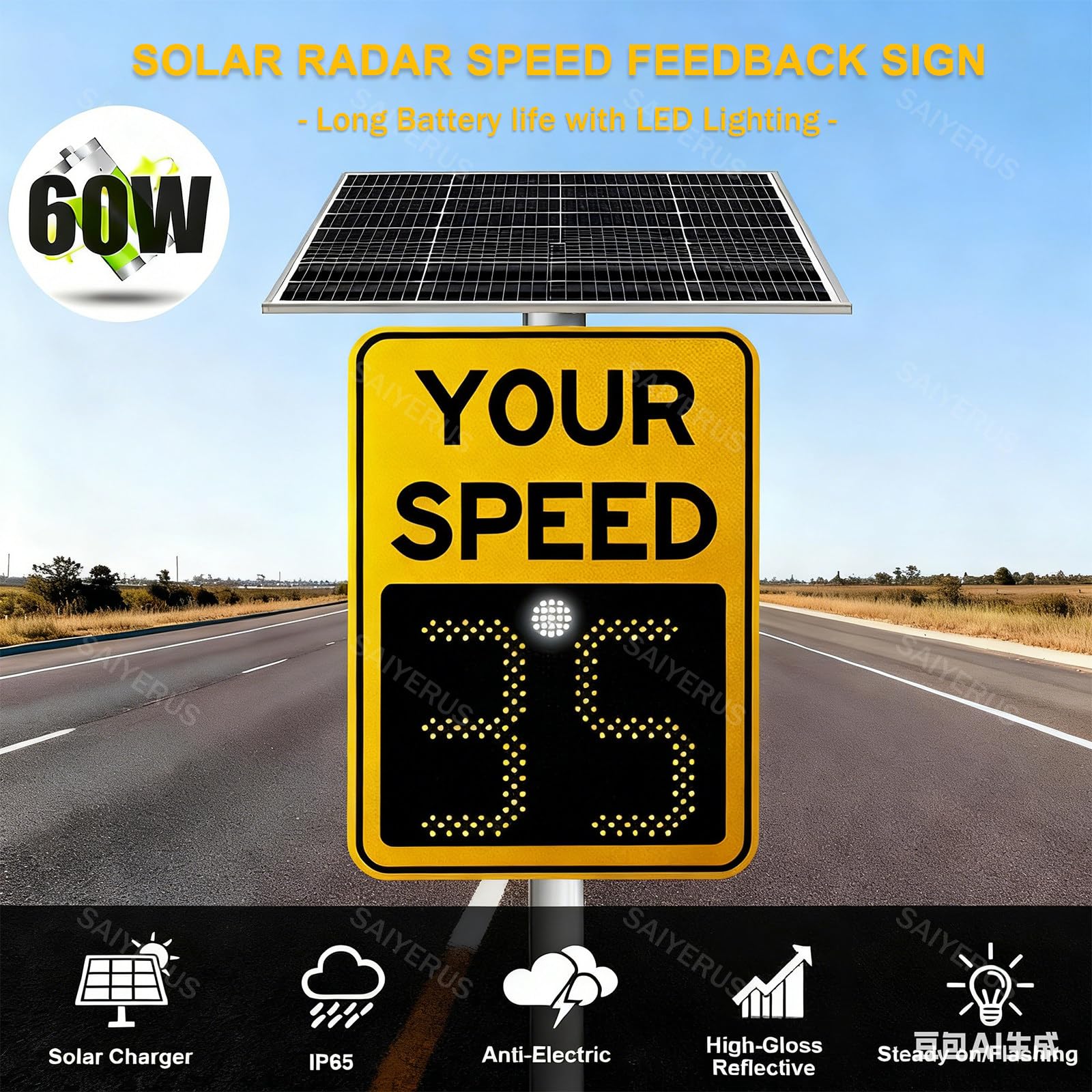 Señal de velocidad de radar solar, pantalla LED de advertencia de tráfico con control remoto, detector de velocidad de 1 a 199 mph para seguridad vial, señal de retroalimentación de límite de