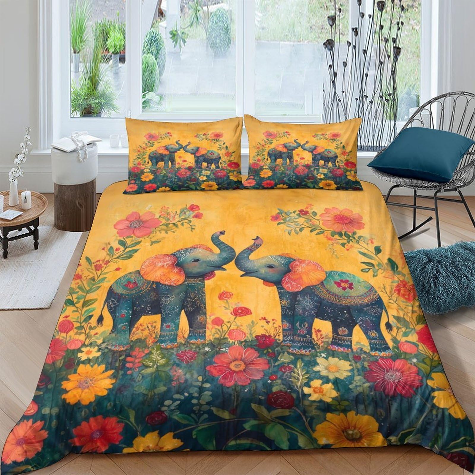 Ctjqhvkz Style-5 3D Printed Vibrant Floral Elephant Fitted Sheet Microfiber Soft Bed Sheet Bedroom Guest Room Decor Mattress Protection Single（135X200cm）
