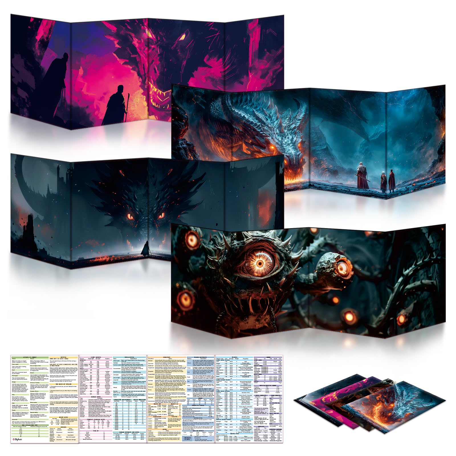 Byhoo 8PCS DM Screen for D&D 5E with 4 Immersive ThemesWaterproof Reusable Surface, Tri-Fold Portable Design Folds to A4 Size DND Accessories Compatible with Players Handbook