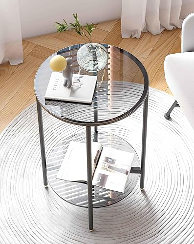 Juego de mesa auxiliar de vidrio templado de 2 niveles, mesa de noche redonda de 22 pulgadas de alto, color gris