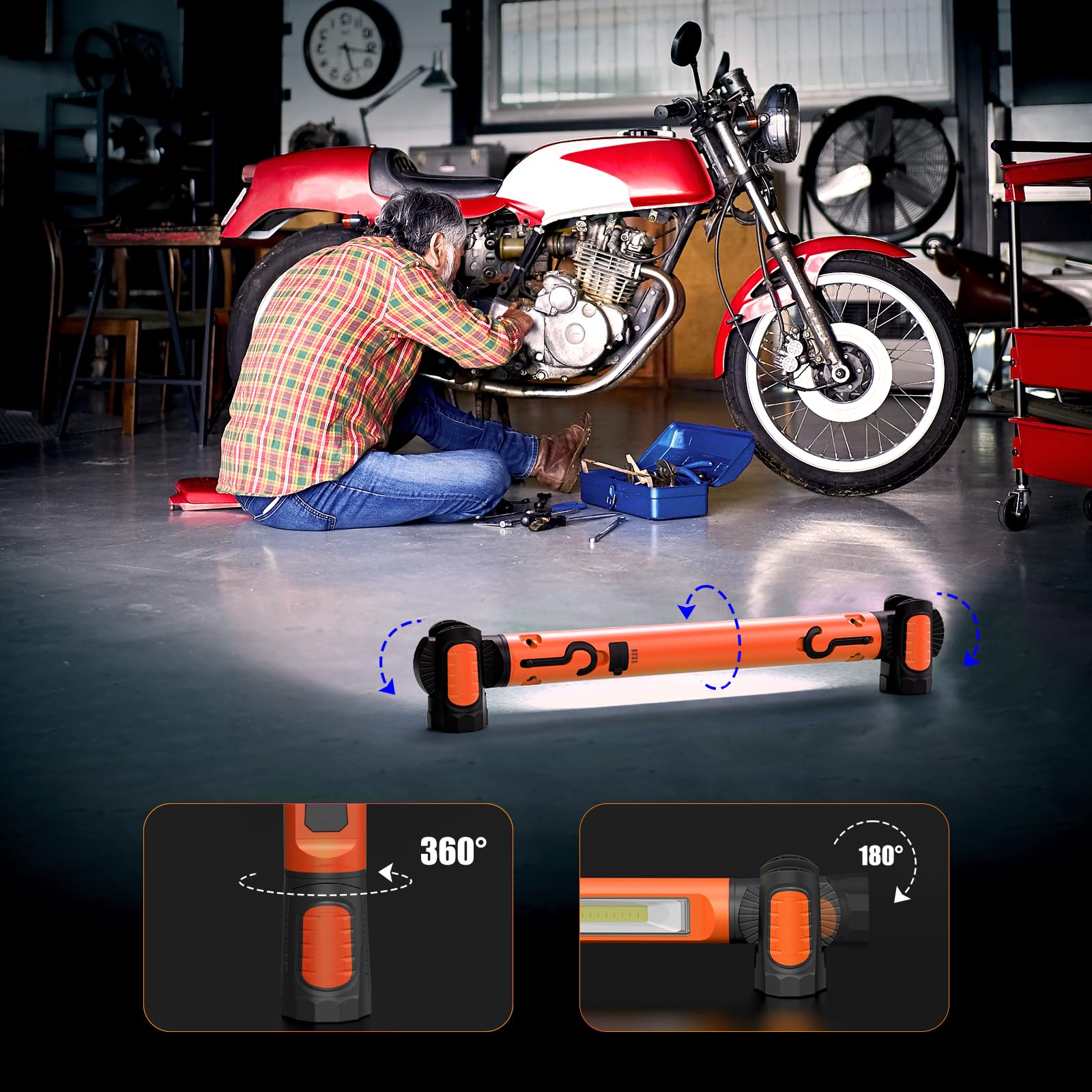 Luz de trabajo, luz de trabajo LED de 3000 lm, luz de trabajo magnética recargable de 5200 mAh, luces de trabajo inalámbricas debajo del capó con ganchos para mecánicos, inspección, taller,
