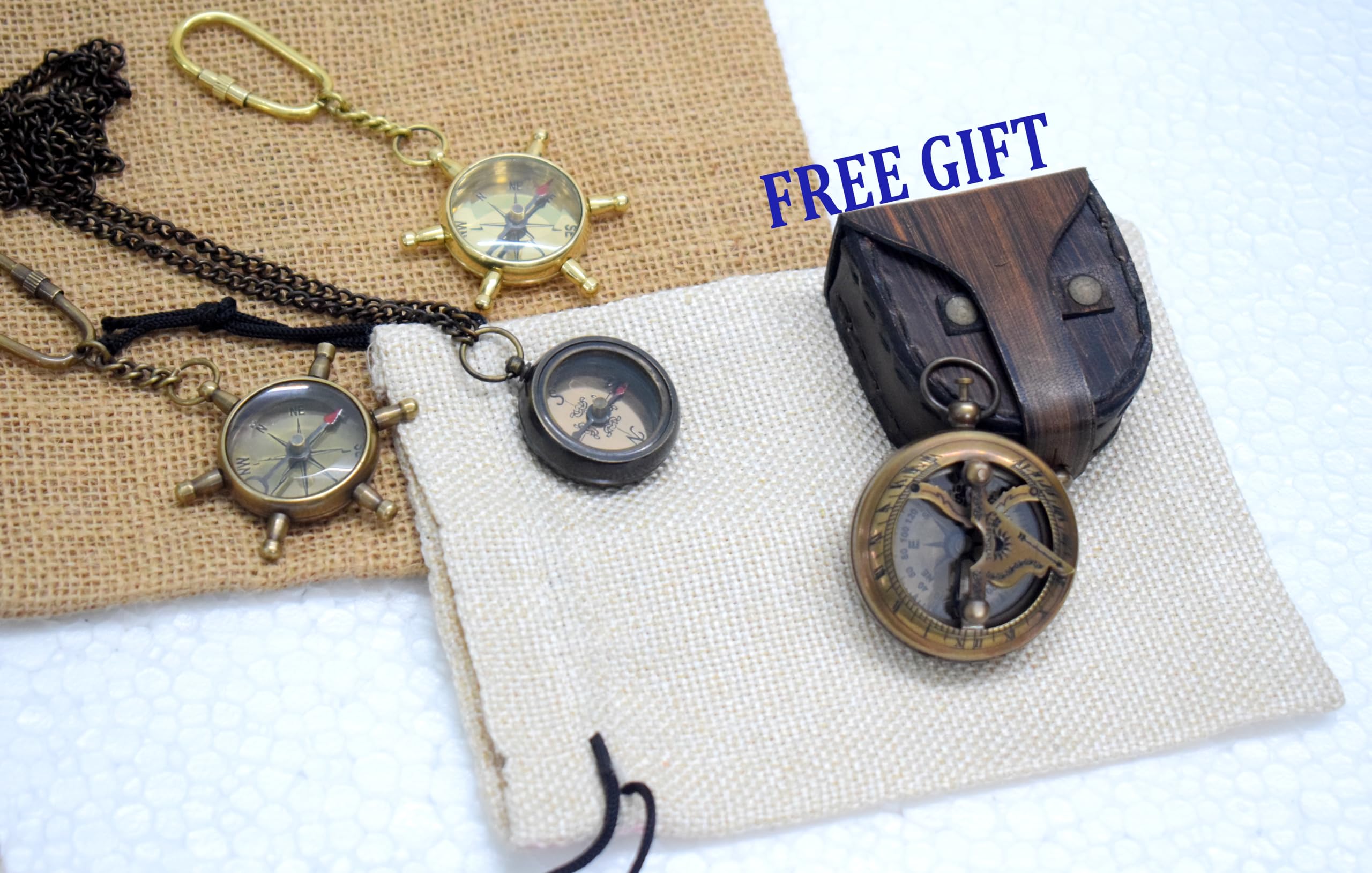 Antique Brass Wheel Compass Keychains with Free Sundial Compass Gift