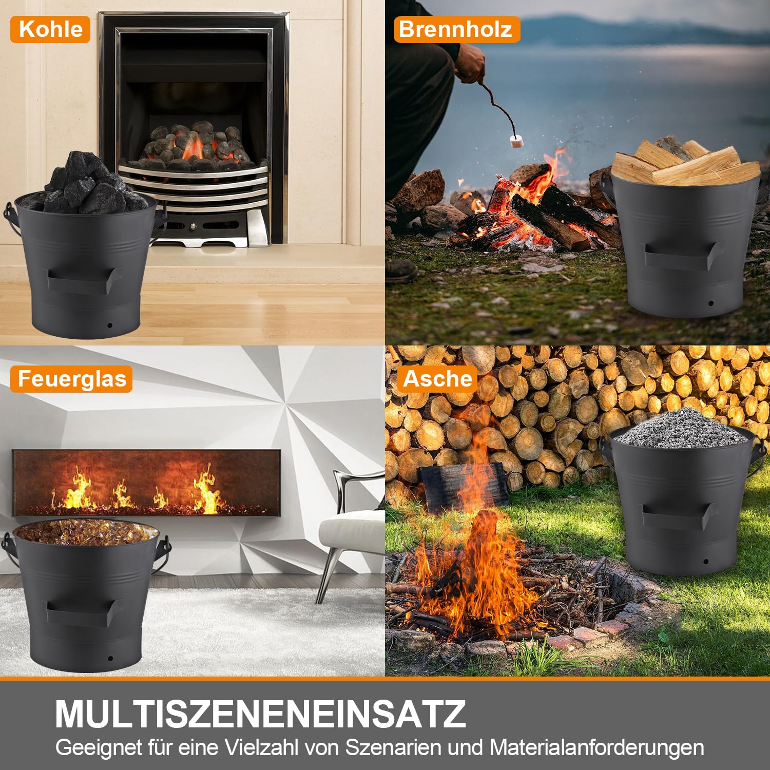 Ascheeimer mit Deckel, 10 Liter Holzkohle Kohleeimer Set mit Schaufel und Handbesen, Werkzeugset Zubehör für Kamin, Feuerstelle, Holzofen, Ascheschaufel mit Deckel für Kamin und Grill Kehrset, Schwarz