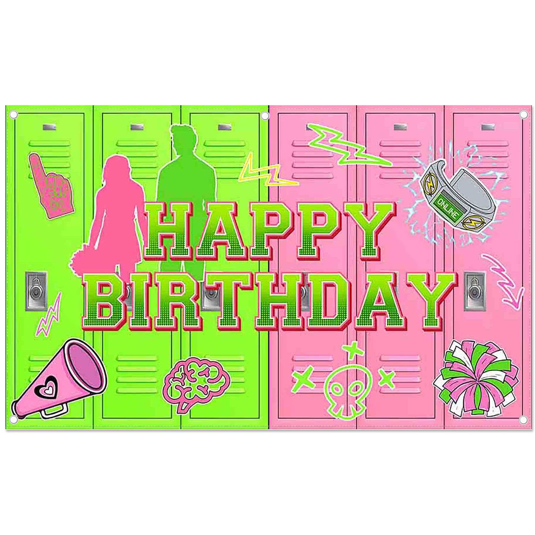Photo 1 of Monalivest 96x60inch Fabric Green and Pink Happy Birthday Backdrop Cheerleading American High School Lockers Photography Background Halloween Party Decorations Photo Props
