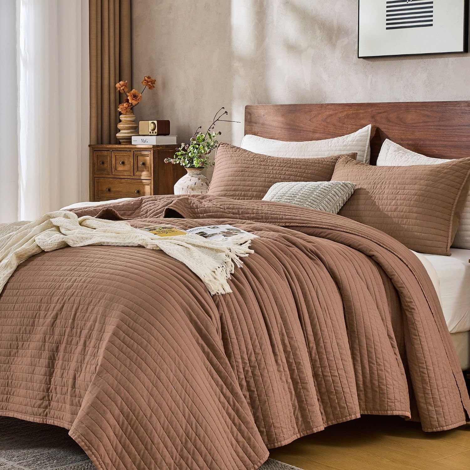 Photo 1 of ***PHOTO FOR REFERENCE COMFORTER STYLE DIFFERS SLIGHTL / MISSING SHAMS*** DOWN HOME King Quilt Bedding Set with Shams, Vintage Washed Quilted Blanket Thin Comforter Lightweight Bedspread Coverlet Bed Cover, Brushed Microfiber Stripe Stitching, Washed Terr