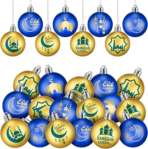 ShinyRelief 24 adornos de bola colgante de Ramadán Kareem, decoración de bola Eid de 1.97 pulgadas para árbol, estrella lunar, decoración de fiesta