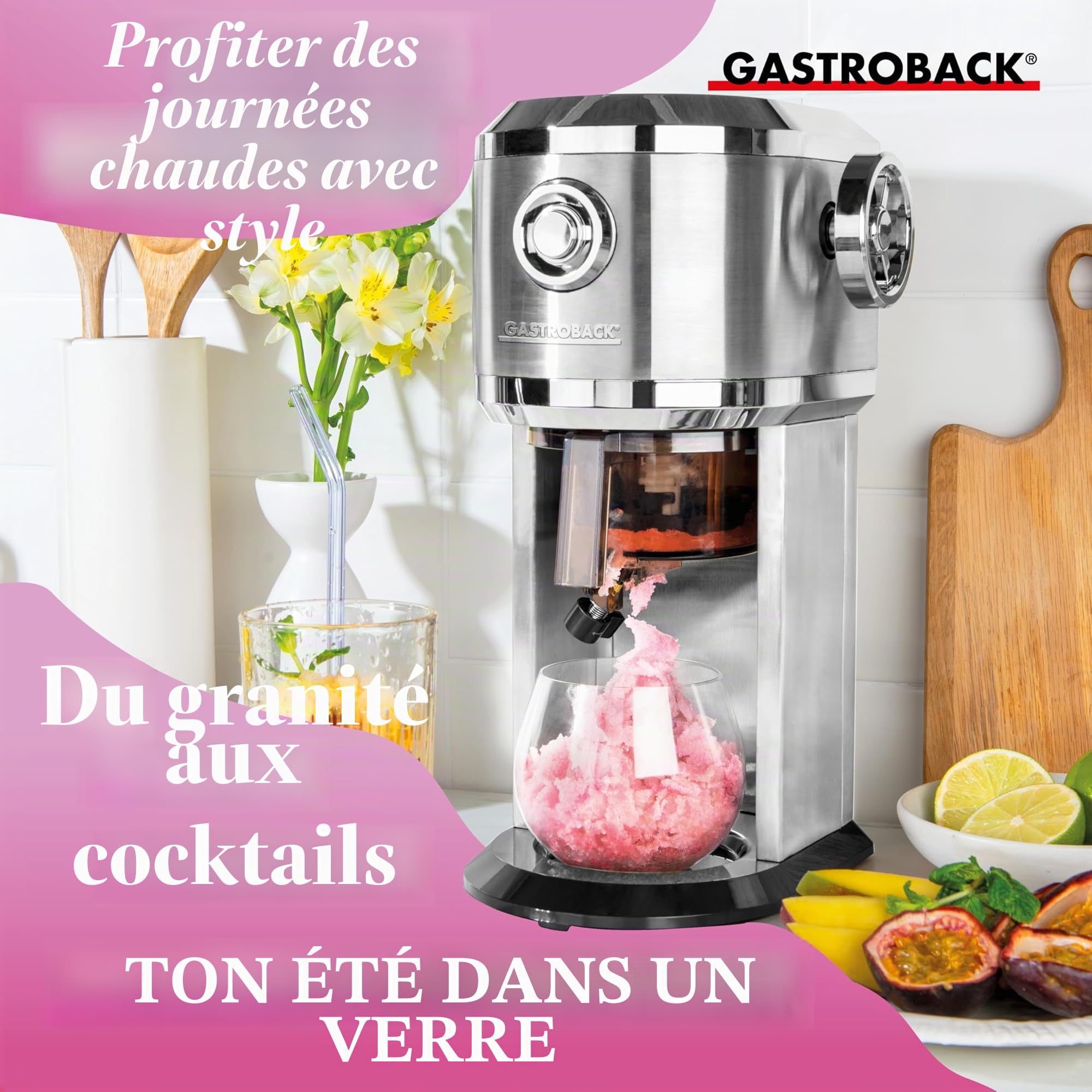 GASTROBACK Machine à granité pour la maison - Machine à glace - Pour cocktail glacé, cônes de neige, granité et glace pilée - Épaisseur de râpe et quantité de remplissage réglables