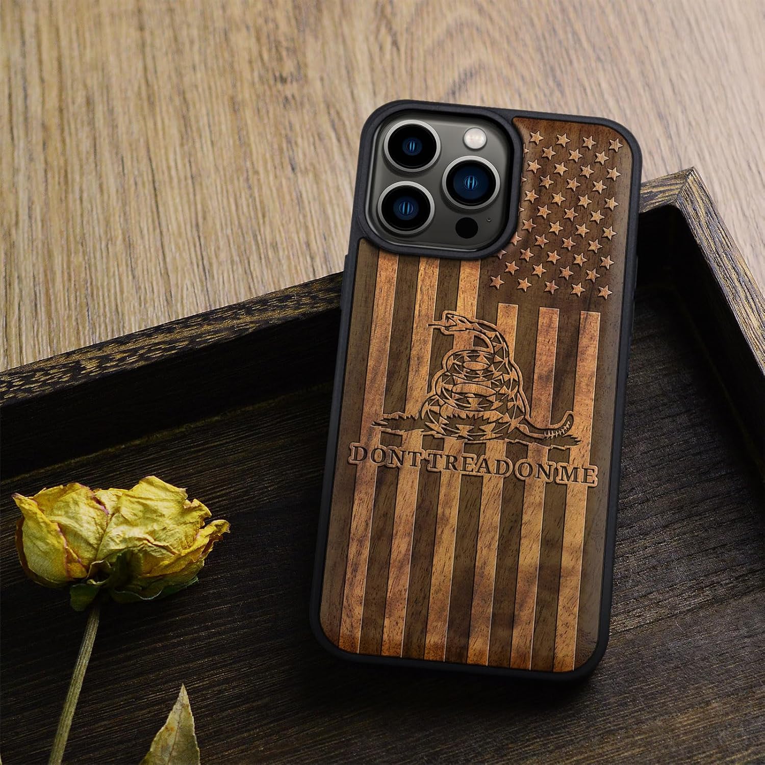 Carveit Magnetic Wooden Case for iPhone 15 Pro Max Case, Compatible with MagSafe Wireless Chargers, Black Soft TPU Shockproof Cover & Wood Artisan Engraved (Gadsden Flag) - Walnut
