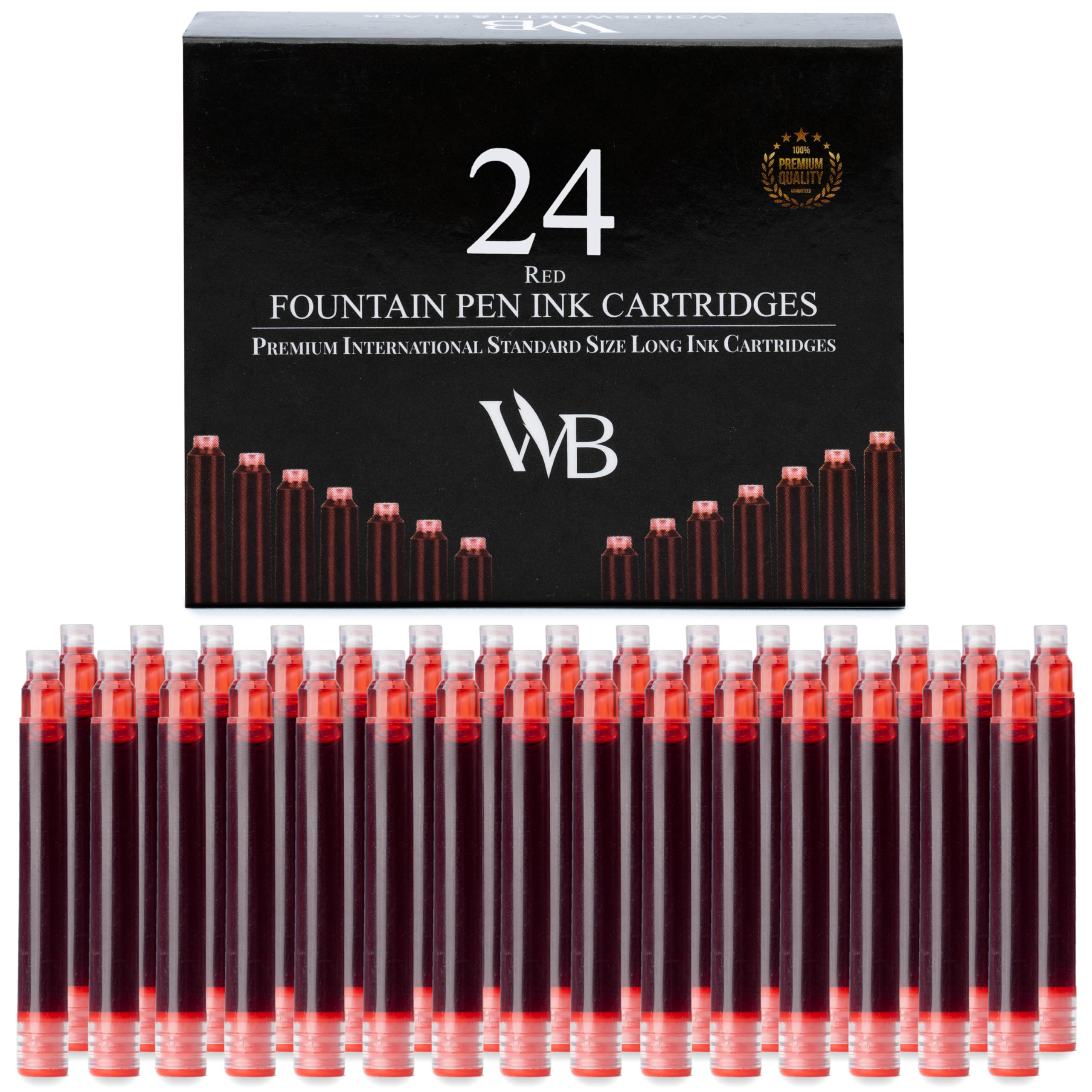 Wordsworth & Black 24 Pack Fountain Pen Ink Refills, Set of 24 Red Ink Cartridges, International Standard Size