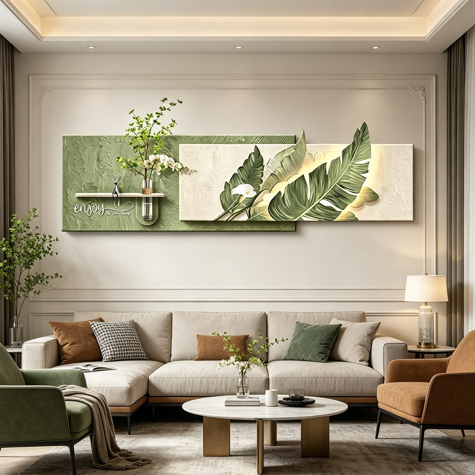 PGZMDTWI 3D Sandstone Handcrafted LED Vase Relief Mural,Log Cream Style Sofa Background Household Wall Ornament(C,180 * 60CM8.9 * 23.7IN)