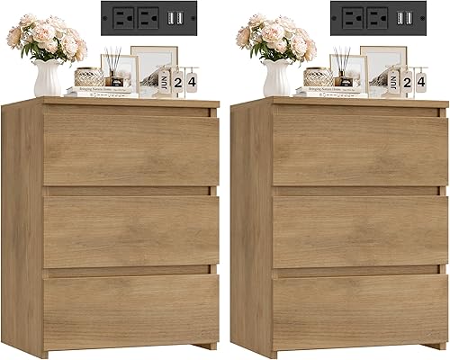 Miniatura 13 de FOTOSOK Juego de 2 mesitas de noche, mesita de noche de 26" de altura con estación de carga, juego de 2 mesitas de noche con puertos USB y tomas de