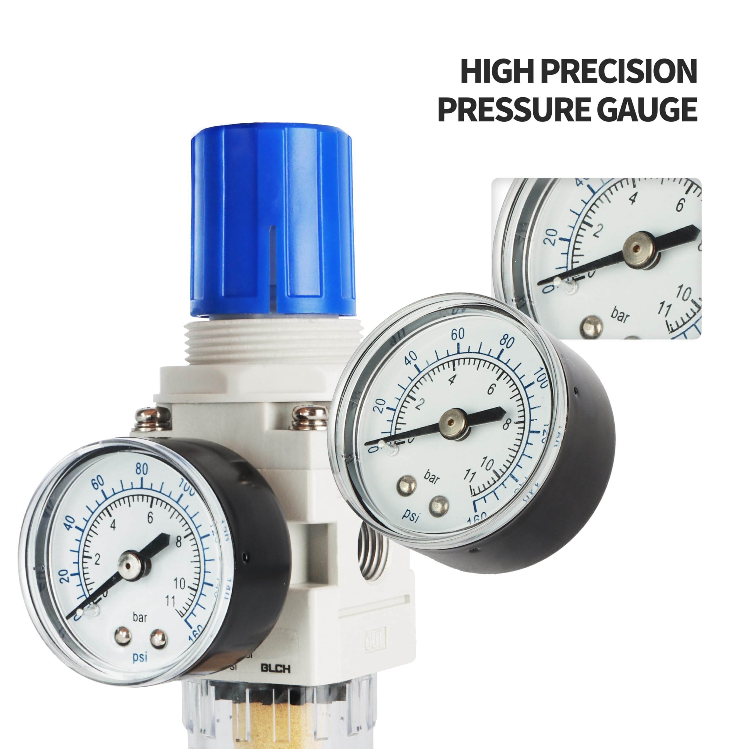 BLCH 1/4" BSP Kompressorregler - Druckregler und Lufttrockner AW2000-02 mit manueller Entwässerung, Polycarbonat-Behälter, Manometer (0-160 PSI) und 5μm Messingfilter.