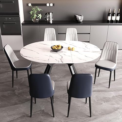 Juego de mesa de comedor redonda extensible para 6, juego de mesa de comedor de 7 piezas con mesa extensible de 47-63 pulgadas y 6 sillas tapizadas,