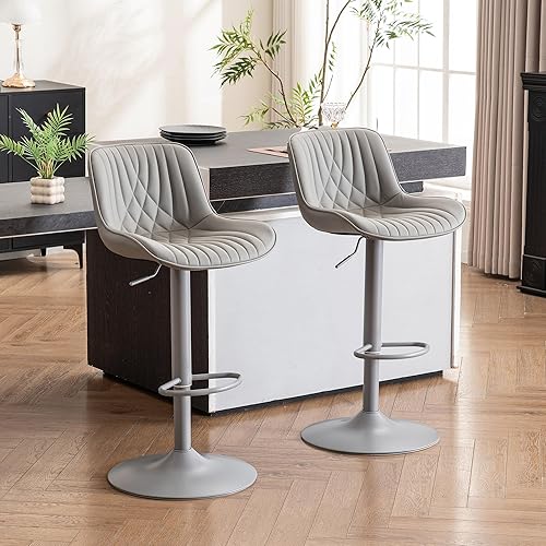 Miniatura 9 de YOUTASTE Juego de 2 taburetes de bar grises modernos tapizados de piel sintética, taburetes de bar ajustables giratorios con respaldo de metal,