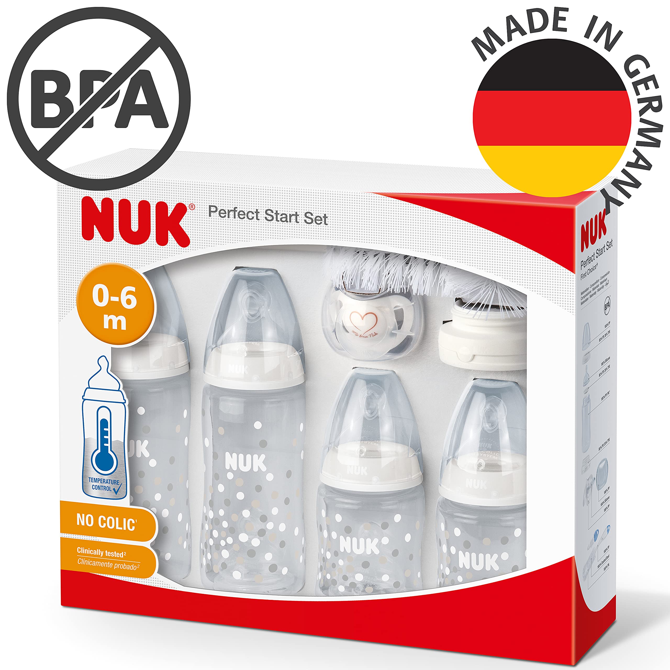 NUK Perfect Start First Choice+ Baby Bottles Set, 0-18 Months, 4 Temperature Control Bottles, Dummy, Bottle Brush & More, BPA-Free, 10 Count, White