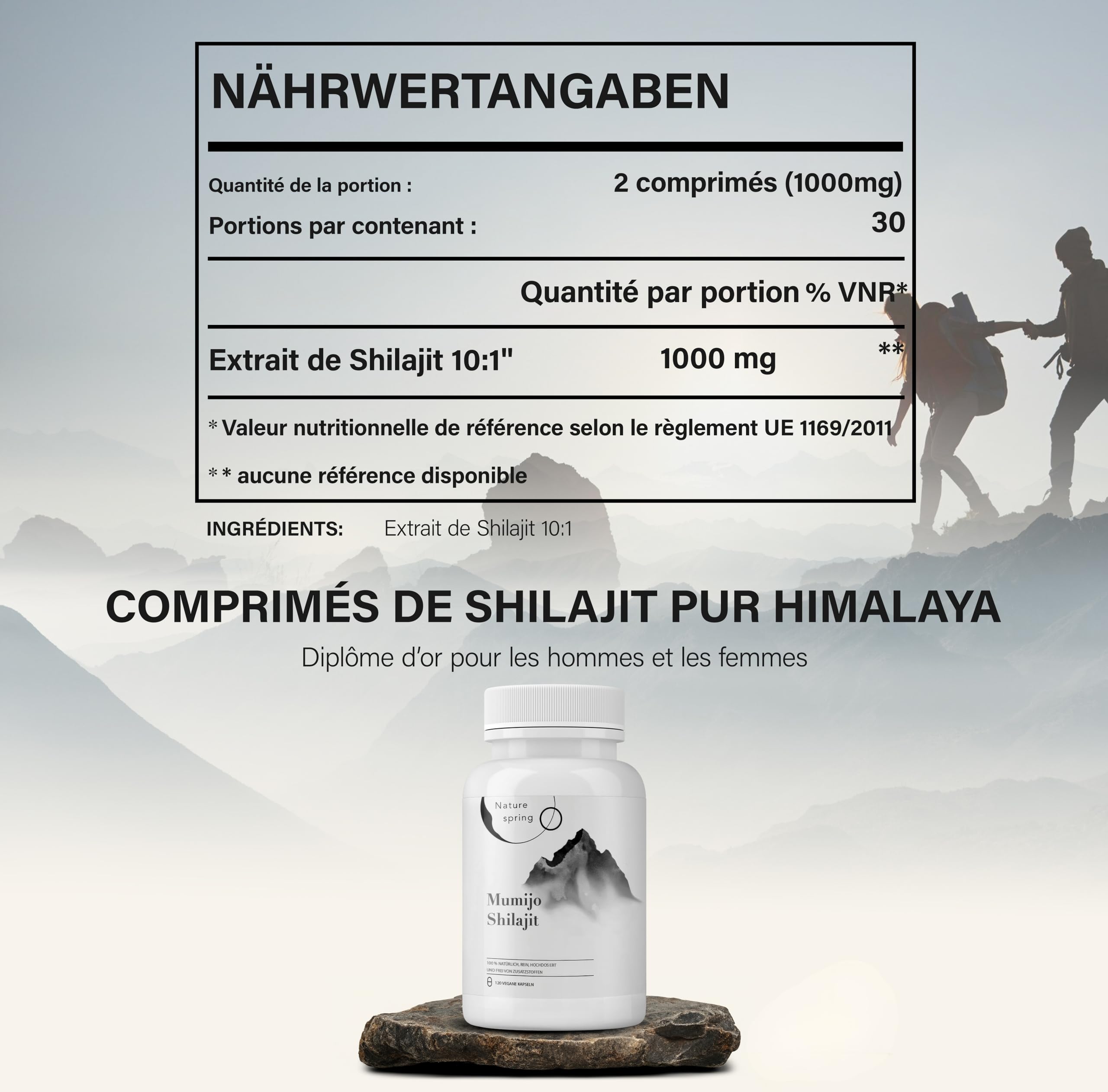 Extrait pur de Shilajit 120 capsules | +2 mois | Source himalayenne hautement potente avec acide fulvique| acide humique et oligo-éléments | Nature spring®