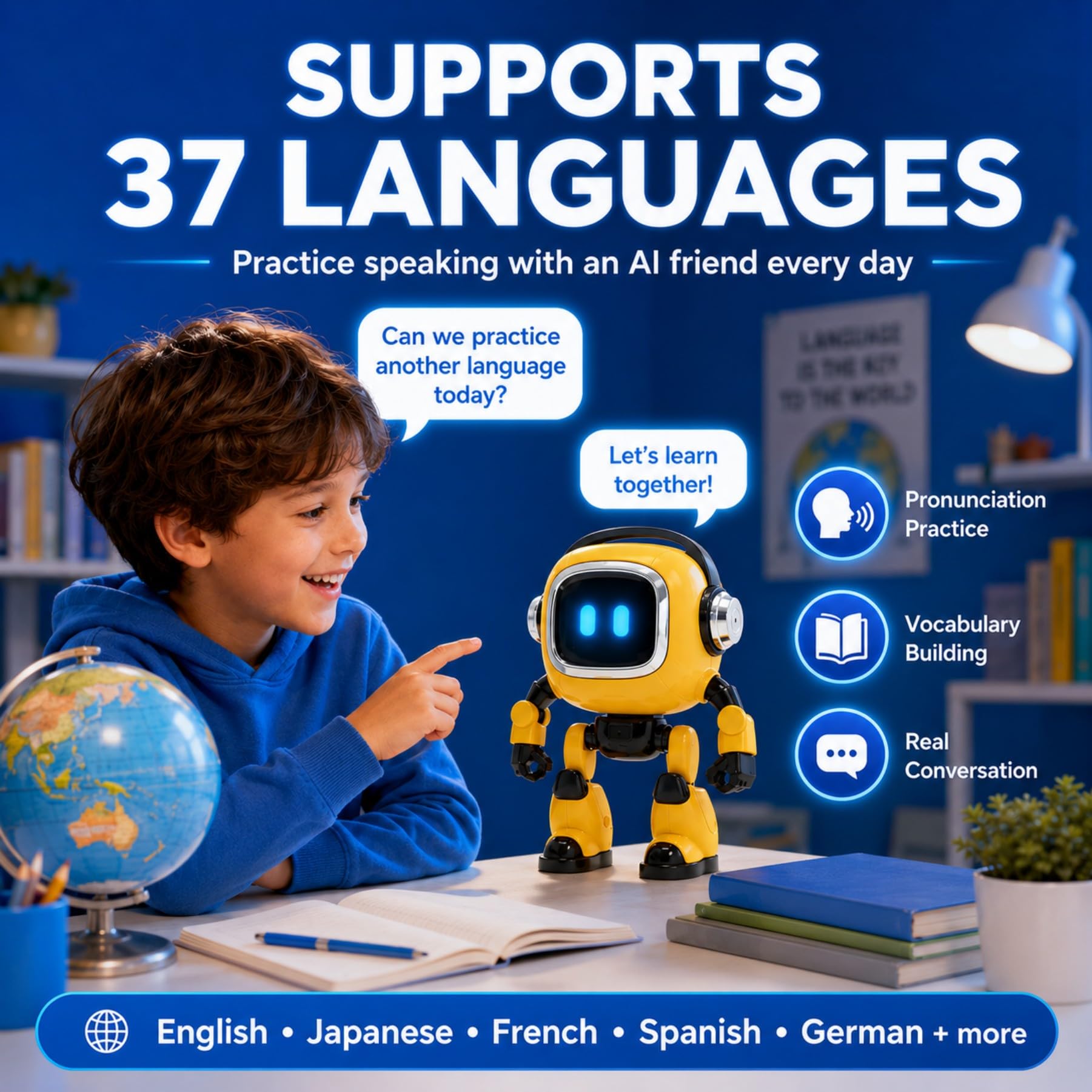 Robot AI Interactivo con Chat de Voz Aprendizaje Multilingüe App | Robot AI interactivo con voz, app, aprendizaje de idiomas y expresiones para escritorio, estudio y entretenimiento.