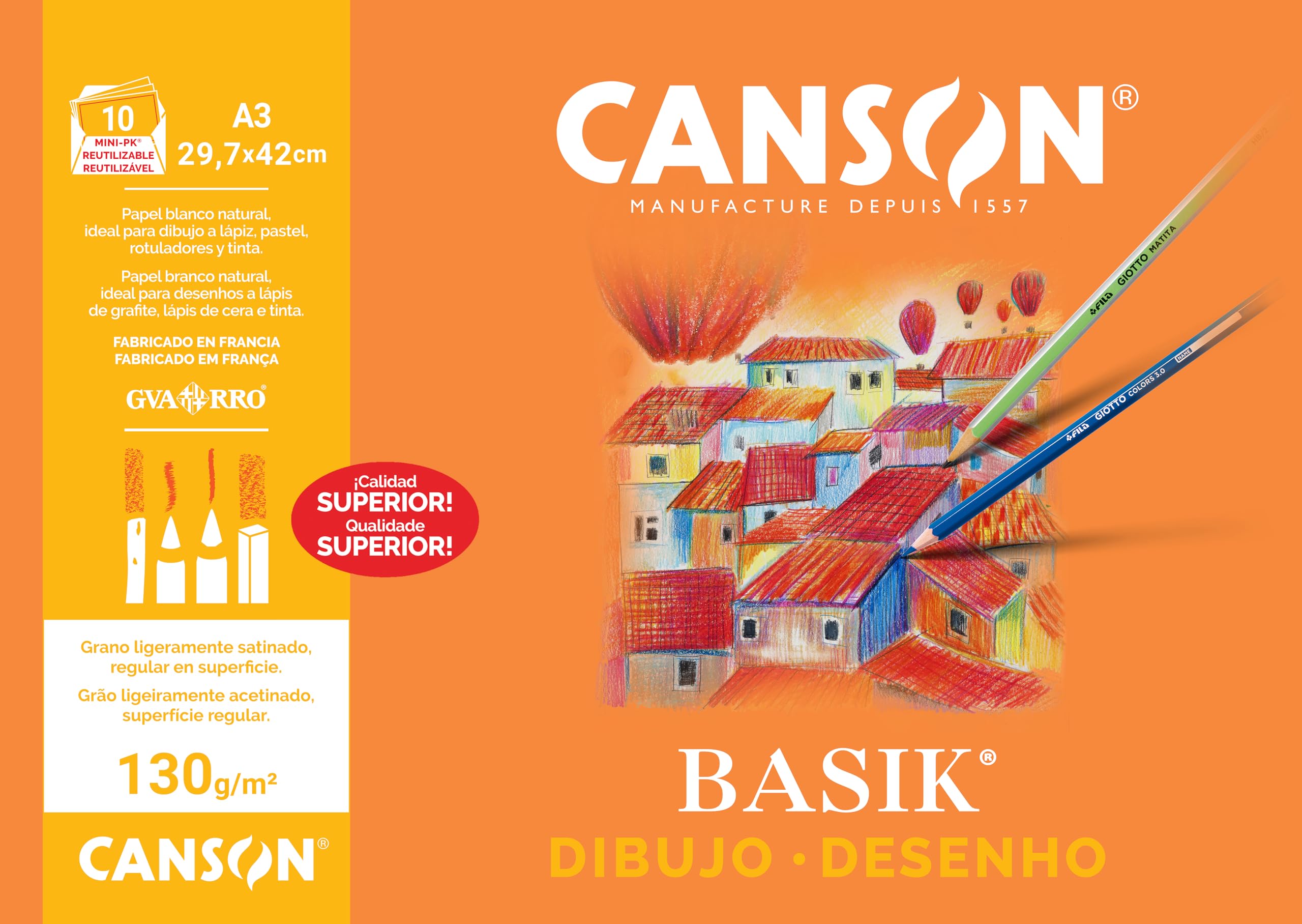 Canson Dibujo Basik, Papel de dibujo blanco, Grano fino, 130gsm, Minipack, A3-​29,​7x42cm, Blanco natural, 10 Hojas