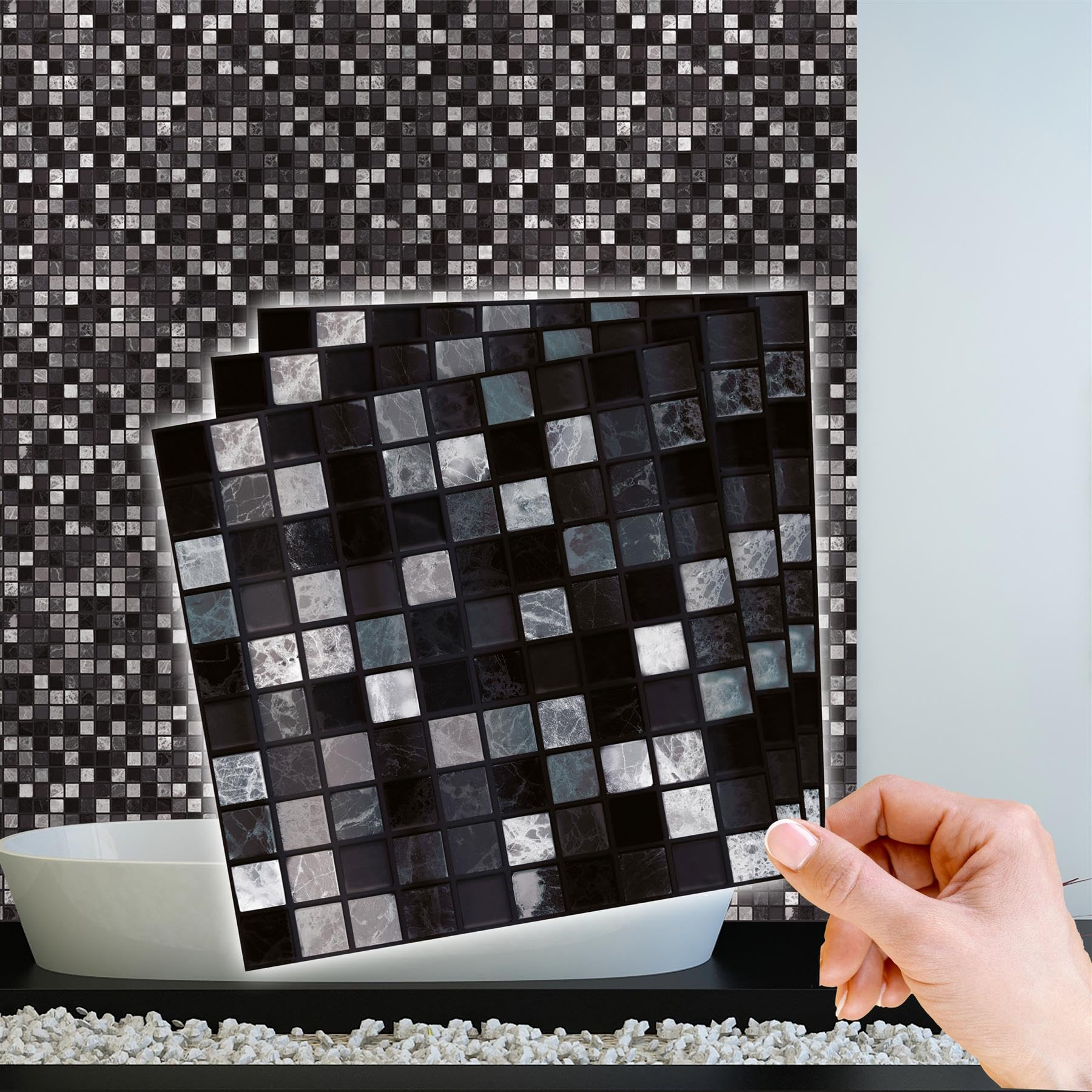 WALPLUS 48 PCS 15cm (6") Marquina Metallic Black & White Marble Mosaic Tile Stickers | Peel and Stick Self-Adhesive Wall Tiles for Kitchen & Bathroom Backsplash and Tile Makeover