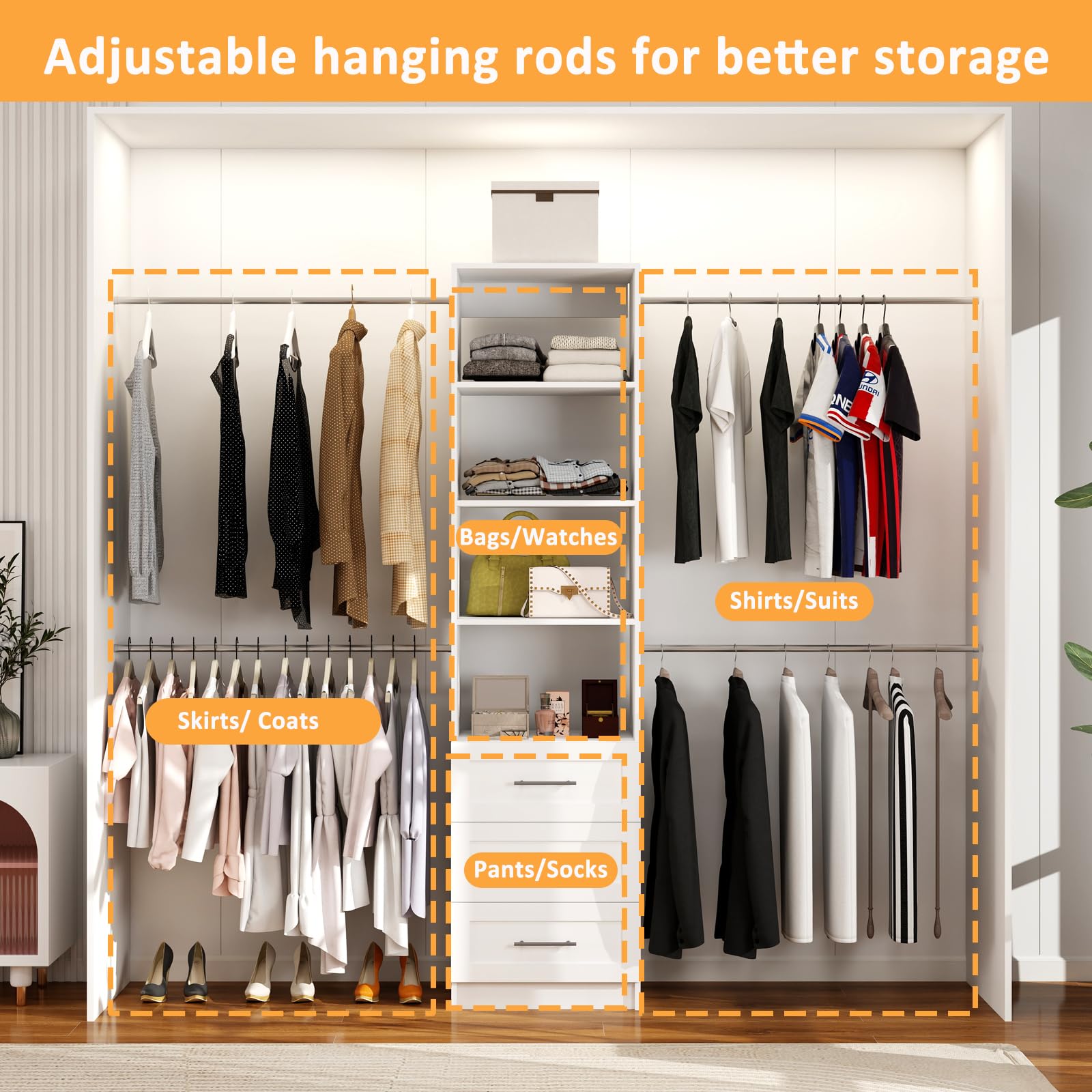 secilix Closet System, 5FT-8FT Closet Organizer System with 4 Expandable Hanging Rods and Moveable Shelves, 99