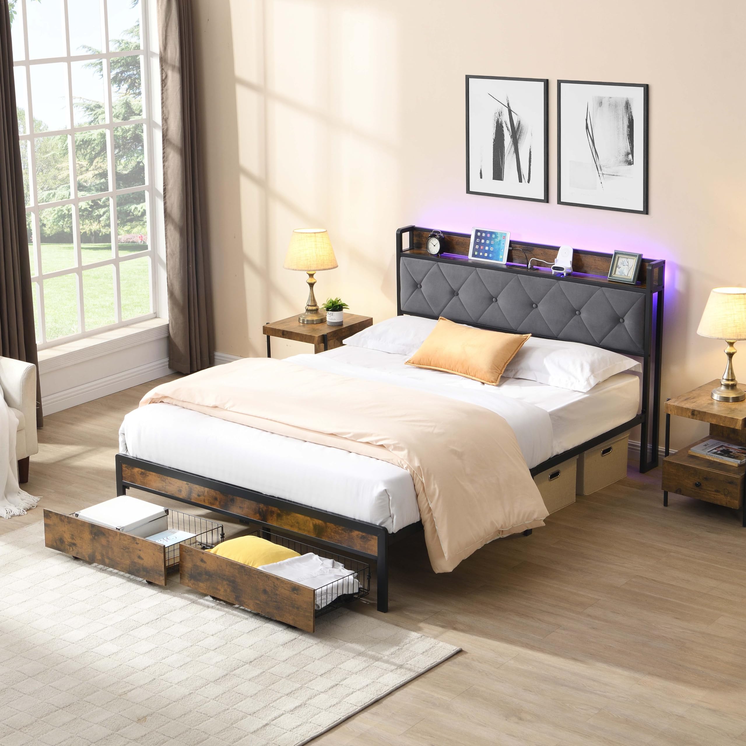King Size Bed Frame with Headboard Bed Frame with Storage Bed Frame with Drawers Upholstered Headboard with LED