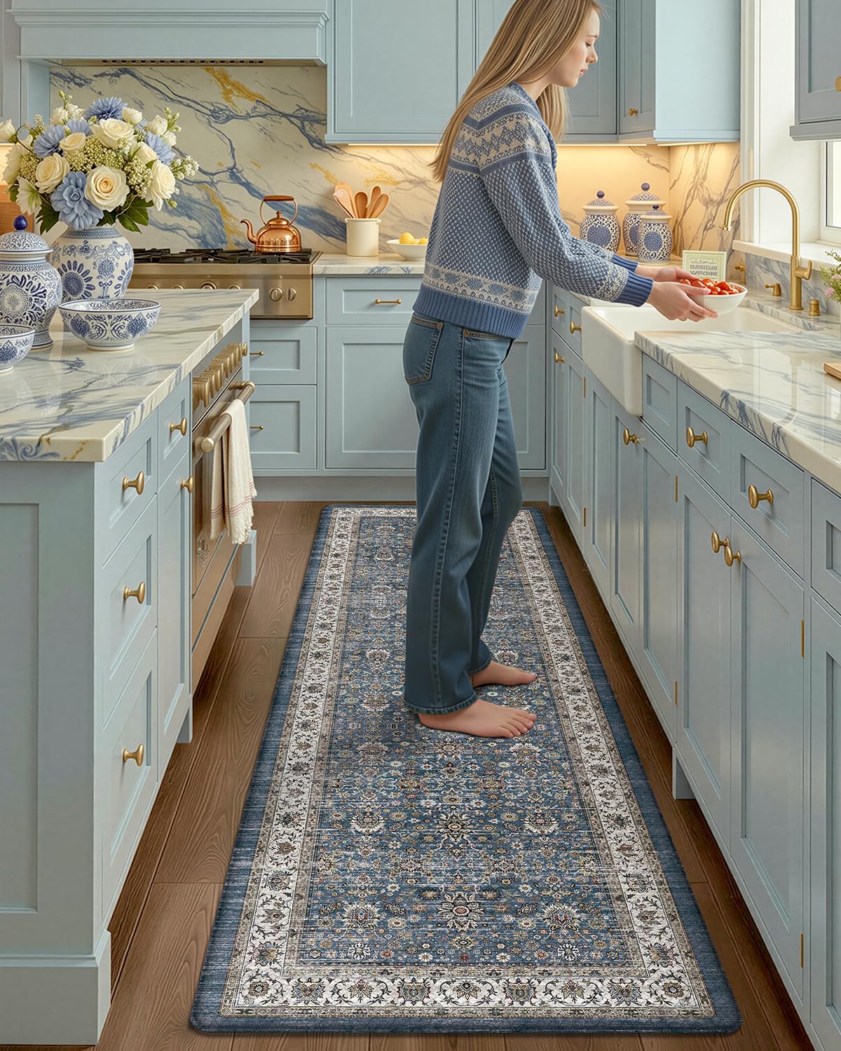 Color&Geometry Anti Fatigue Kitchen Mats for Floor 24x87, Vintage Decor, Easy Clean, Waterproof & Oil Proof, 0.4" Thick Cushioned, Non-Slip Kitchen Runner Rug for Sink, Laundry, Office, Blue