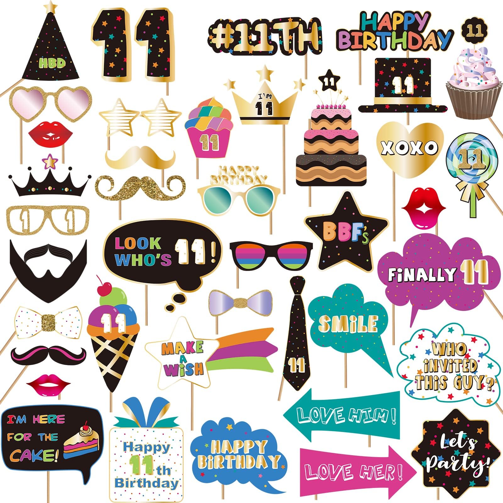BRT Bearingshui 11th Photo Booth Props, 11th Accessories, Birthday Photo Booth and Signs for 11th, 11th Birthday Photo Booth Party Props, 11th Happy Birthday Party Decorations Supplies Favors